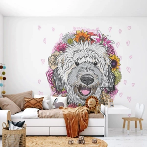 Fotomural Premium Sand - Un perro feliz rodeado de flores de colores. - 100x70cm - Alegría de cachorro - Decoración de pared moderna para salón y dormitorio ARTTOR