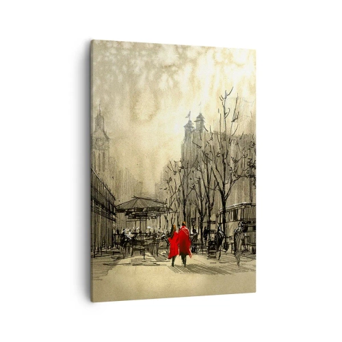 Cuadro sobre lienzo - Impresión de Imagen - Una figura roja en un entorno urbano nostálgico - 50x70cm - Cita en la niebla de Londres - Decoración de pared moderna para salón y dormitorio ARTTOR