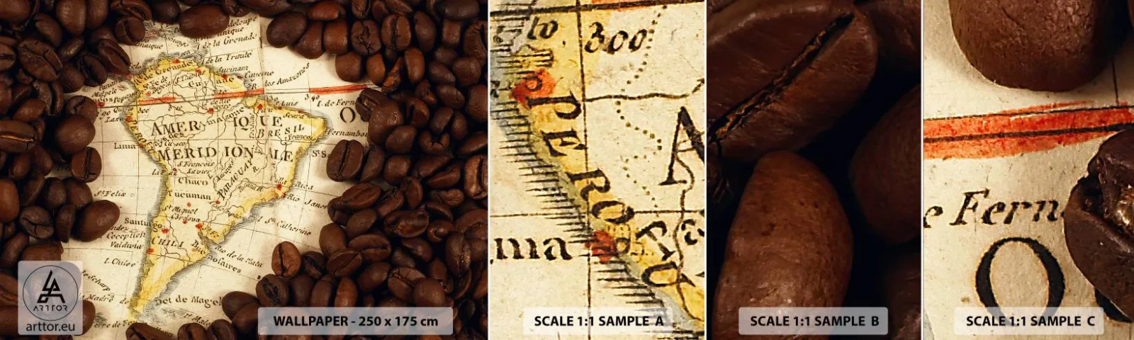 Muestra de fotomural autoadhesivo Deluxe Sticker - ¿De dónde viene el mejor café? - Mapas del mundo, Café, America - 100x30 cm