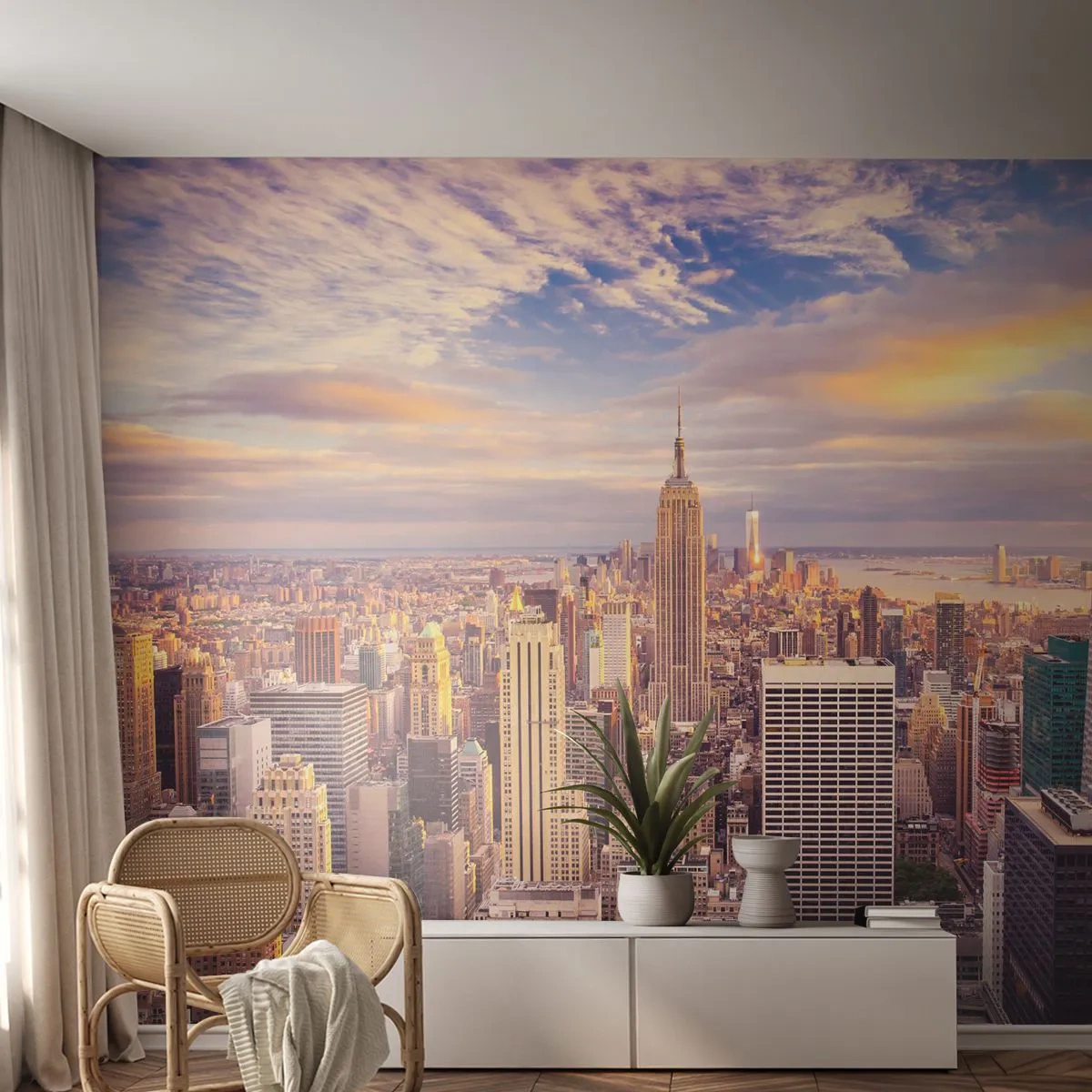 Fotomural Premium Sand - Panorama de la ciudad al atardecer - 100x70cm - Alcanzar las nubes - Decoración de pared moderna para salón y dormitorio ARTTOR