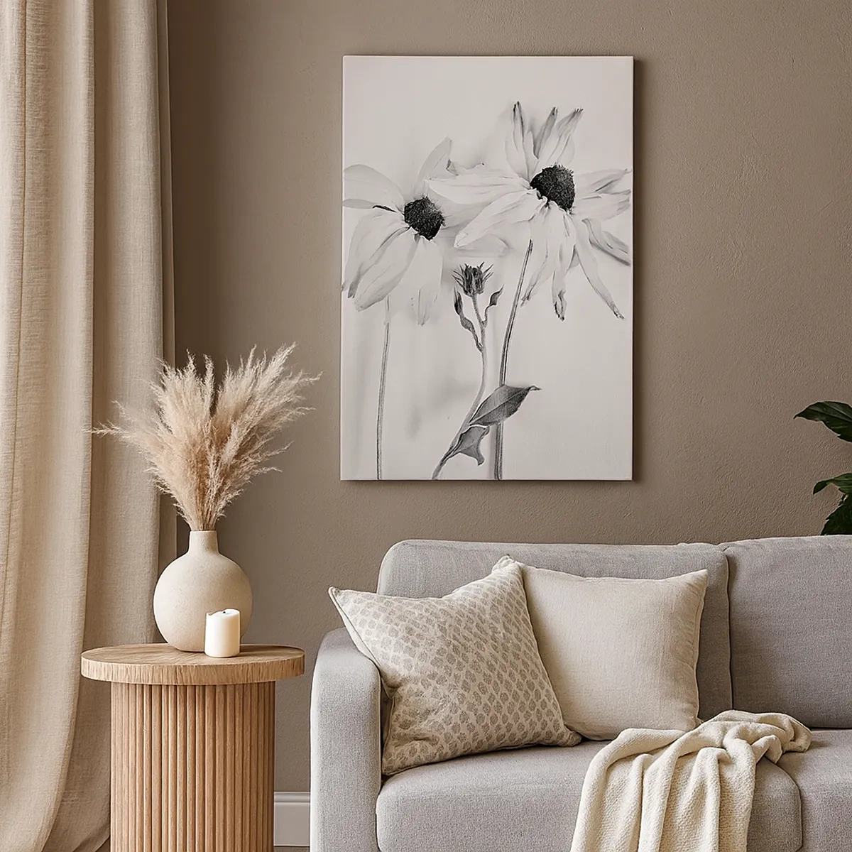 Cuadro sobre lienzo - Impresión de Imagen - Flores en blanco y negro con una composición sutil. - 50x70cm - Nadie quiere estar solo - Decoración de pared moderna para salón y dormitorio ARTTOR