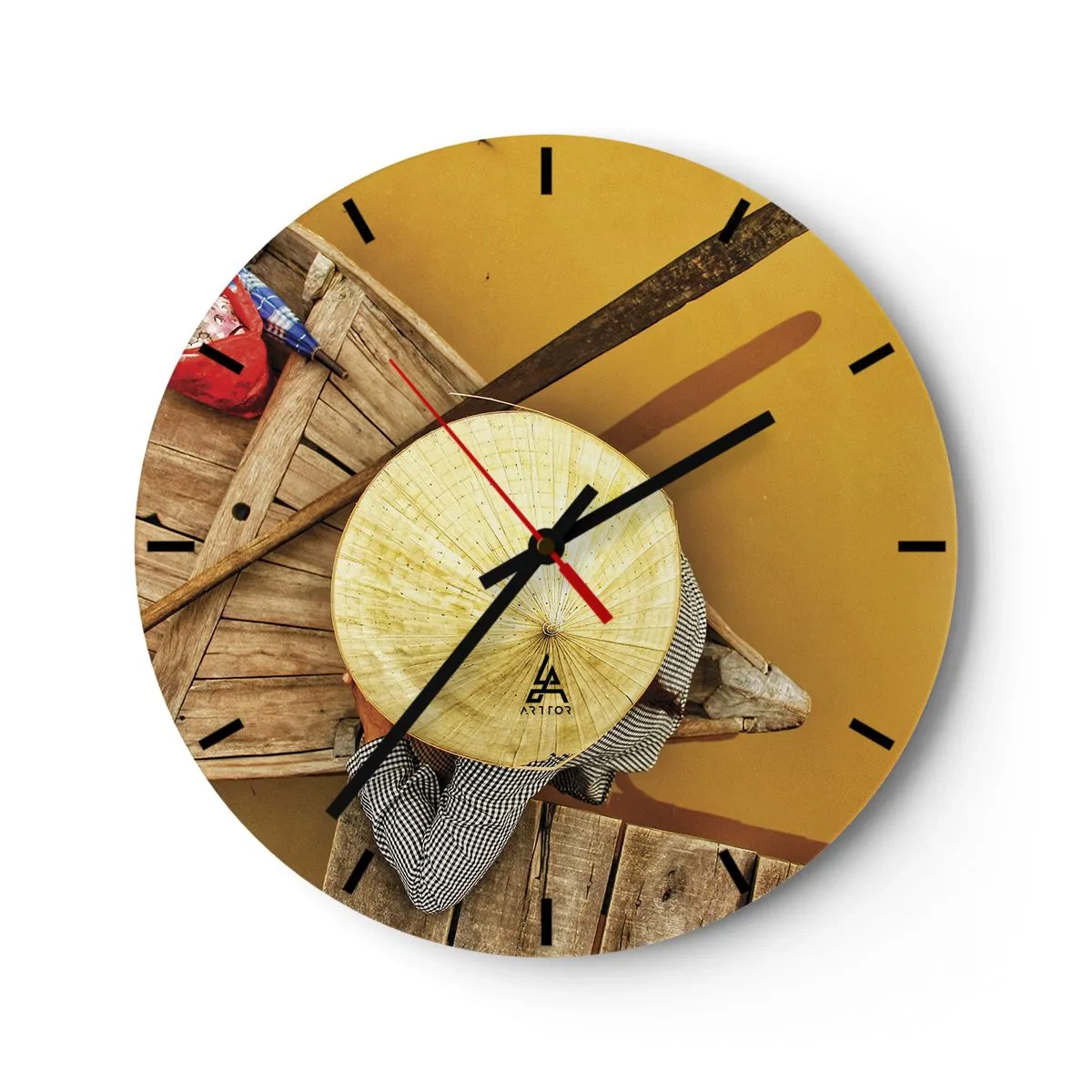 Reloj de pared - Reloj de vidrio - Persona con sombrero en un barco de madera en el río Amarillo - 30x30cm - La vida en el río amarillo - Decoración de pared moderna para salón, cocina y dormitorio ARTTOR