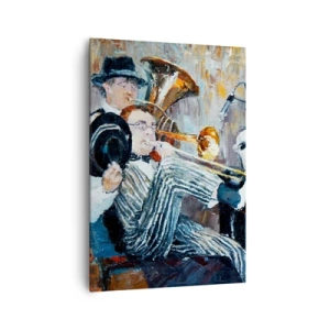 Cuadro sobre lienzo - Impresión de Imagen - Músicos de jazz en estilo pictórico durante un concierto. - 70x100cm - Todo ese jazz - Decoración de pared moderna para salón y dormitorio ARTTOR