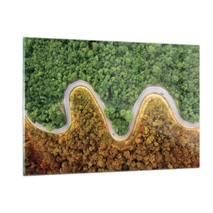 Cuadro sobre vidrio - Impresiones sobre Vidrio - Un camino sinuoso a través de un denso bosque visto a vista de pájaro. - 120x80cm - Frontera serpenteante - Decoración de pared moderna para salón y dormitorio ARTTOR