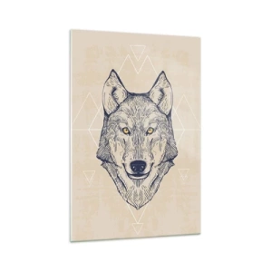 Cuadro sobre vidrio - Impresiones sobre Vidrio - Un lobo geométrico sobre un fondo claro con patrones minimalistas. - 70x100cm - La mirada del lobo alfa - Decoración de pared moderna para salón y dormitorio ARTTOR