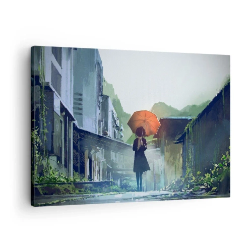 Cuadro sobre lienzo - Impresión de Imagen - Una figura con un paraguas en una ciudad lluviosa. - 70x50cm - Una lluvia revitalizante - Decoración de pared moderna para salón y dormitorio ARTTOR