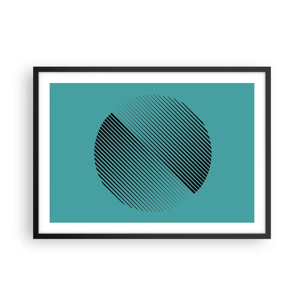 Póster en marco negro - Un círculo minimalista con líneas sobre un fondo turquesa. - 70x50cm - El círculo: una variación geométrica - Decoración de pared moderna para salón y dormitorio ARTTOR