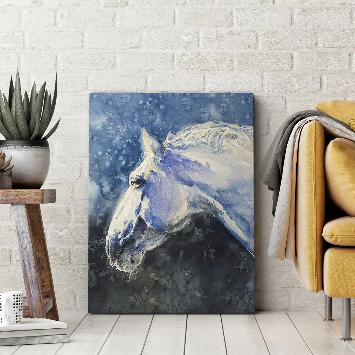 Cuadro sobre lienzo - Impresión de Imagen - Un retrato de un caballo en tonos azules con un efecto de acuarela pictórica. - 50x70cm - Retrato en un resplandor azul - Decoración de pared moderna para salón y dormitorio ARTTOR