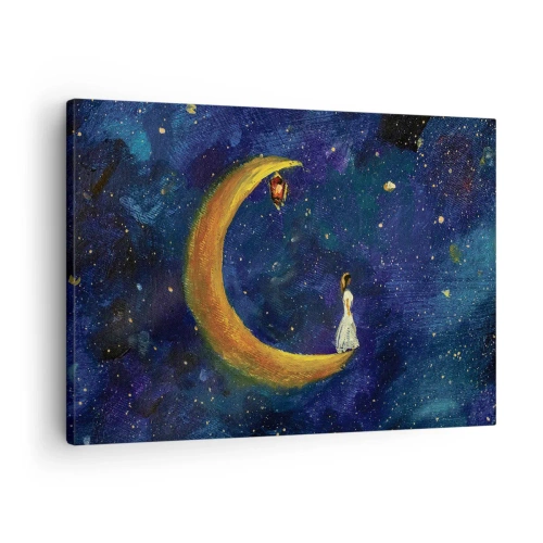 Cuadro sobre lienzo - Impresión de Imagen - Una niña parada en la luna en un cielo estrellado. - 70x50cm - La llamada de la Luna - Decoración de pared moderna para salón y dormitorio ARTTOR