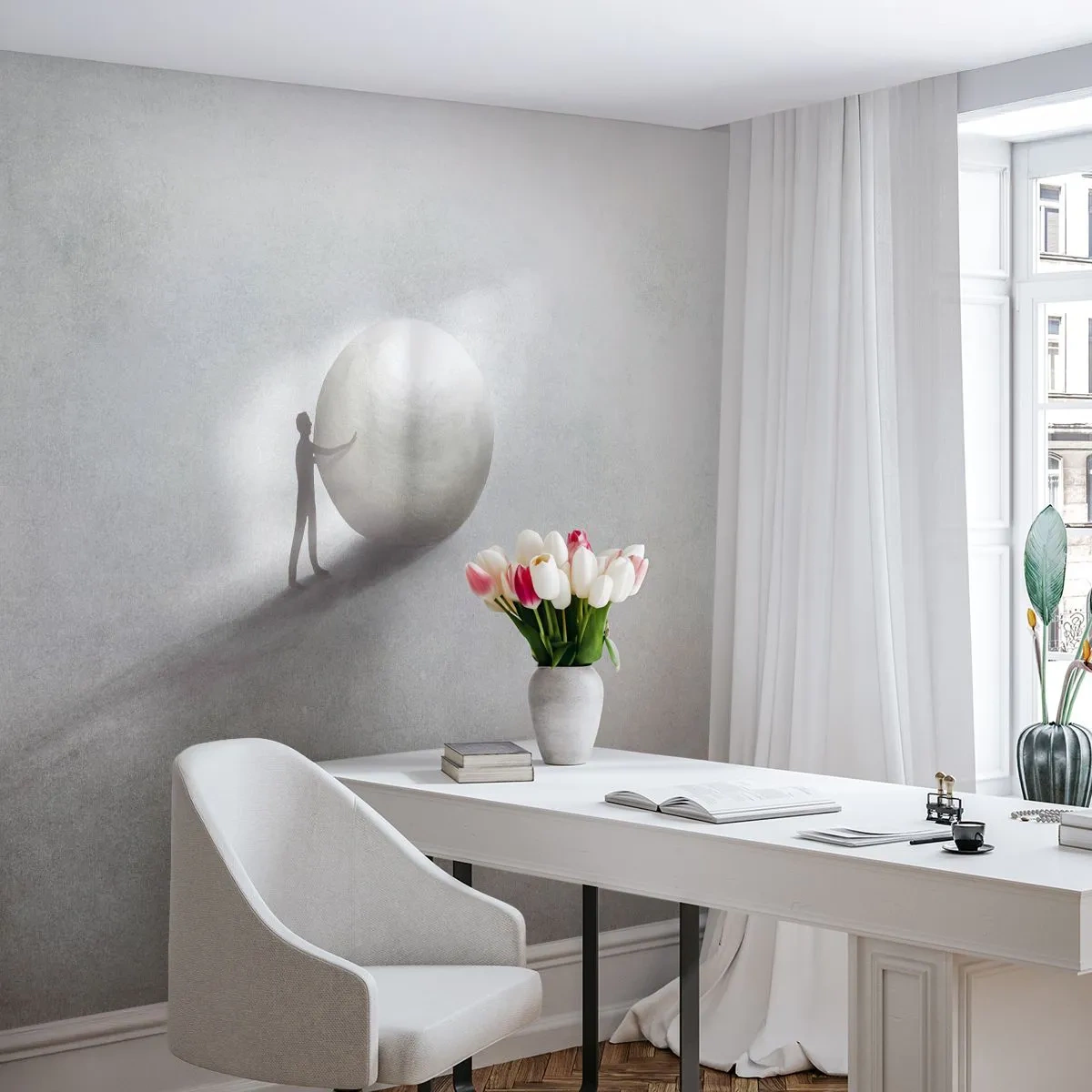 Fotomural Premium Sand - Una silueta minimalista de un hombre con un balón contra la niebla. - 100x70cm - El juego de la vida - Decoración de pared moderna para salón y dormitorio ARTTOR