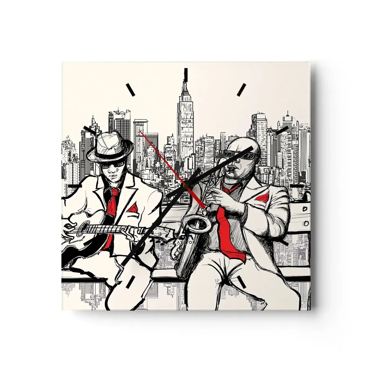 Reloj de pared - Reloj de vidrio - Un dúo de jazz con saxofón y guitarra con la ciudad como telón de fondo. - 30x30cm - Improvisación en Nueva York - Decoración de pared moderna para salón y dormitorio ARTTOR
