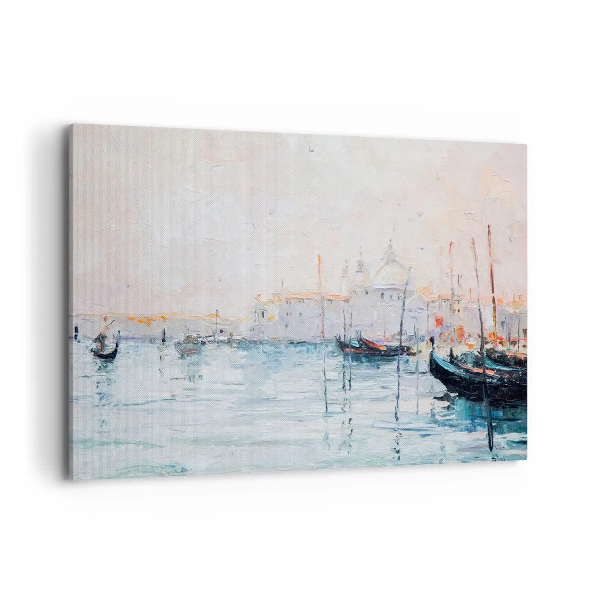 Cuadro sobre lienzo - Impresión de Imagen - Vista pintoresca de los canales con barcos de colores pastel. - 100x70cm - Más allá del agua, más allá de la niebla - Decoración de pared moderna para salón y dormitorio ARTTOR