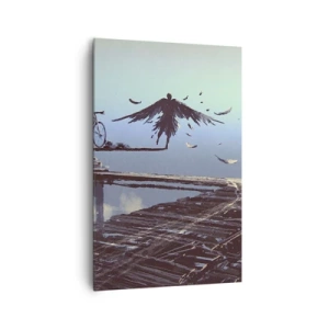 Cuadro sobre lienzo - Impresión de Imagen - Una figura con plumas flota sobre un puente de madera al lado de una bicicleta. - 80x120cm - Ícaro eternamente vivo - Decoración de pared moderna para salón y dormitorio ARTTOR