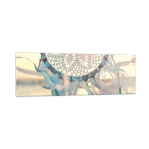 Cuadro sobre vidrio - Impresiones sobre Vidrio - Un delicado atrapasueños con el sol poniente como telón de fondo. - 160x50cm - Tótem sagrado - Decoración de pared moderna para salón y dormitorio ARTTOR