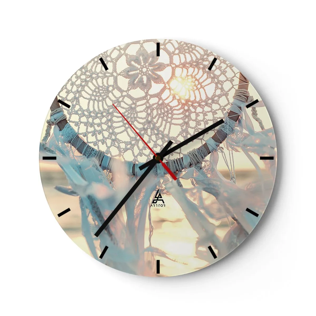 Reloj de pared - Reloj de vidrio - Atrapasueños de encaje con cintas en los rayos del atardecer. - 30x30cm - Tótem sagrado - Decoración de pared moderna para salón, cocina y dormitorio ARTTOR