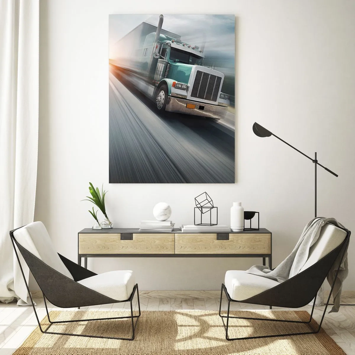 Cuadro sobre vidrio - Impresiones sobre Vidrio - Un camión en la carretera en movimiento al atardecer. - 80x120cm - Un gigante norteamericano en apuros - Decoración de pared moderna para salón y dormitorio ARTTOR