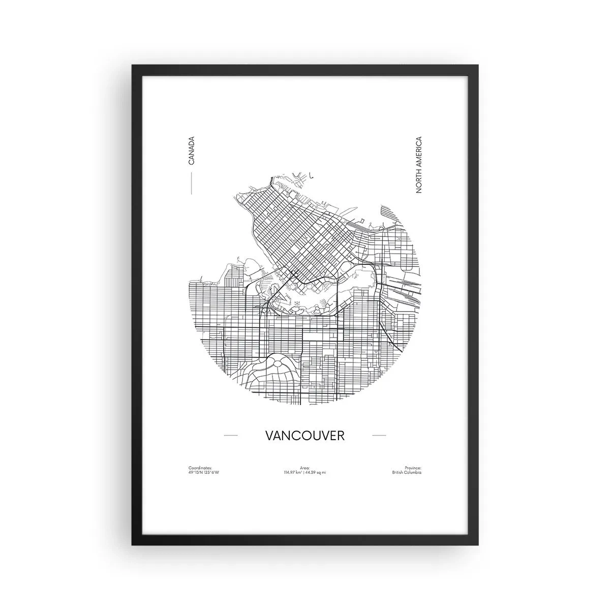 Póster en marco negro - Un mapa minimalista en blanco y negro de Vancouver - 50x70cm - Anatomía de Vancouver - Decoración de pared moderna para salón y dormitorio ARTTOR