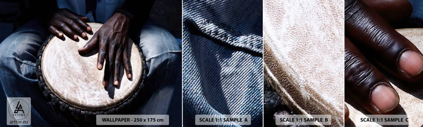 Muestra de fotomural autoadhesivo Deluxe Sticker - Vive a tu ritmo - Tambor, Música, África - 100x30 cm