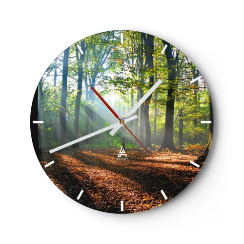 Reloj de pared - Reloj de vidrio - Rayos de sol en el bosque otoñal - 30x30cm - Resplandores y sombras - Decoración de pared moderna para salón, cocina y dormitorio ARTTOR