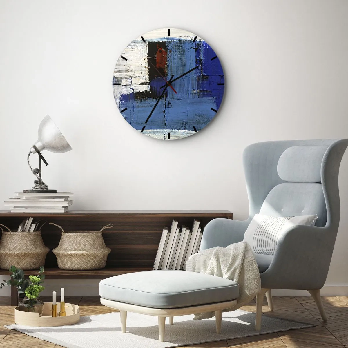 Reloj de pared - Reloj de vidrio - Abstracción moderna con azul dominante y acentos de rojo. - 30x30cm - El secreto del azul - Decoración de pared moderna para salón, cocina y dormitorio ARTTOR