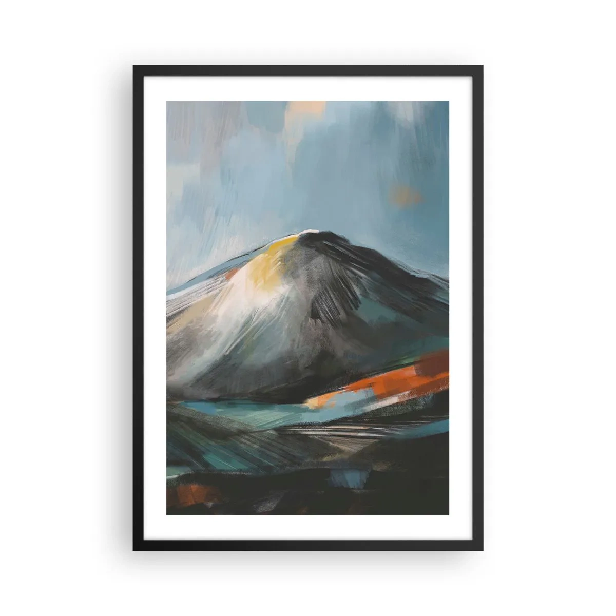 Póster en marco negro - Paisaje montañoso abstracto en tonos azul marino y naranja. - 50x70cm - Crudo y bello - Decoración de pared moderna para salón y dormitorio ARTTOR