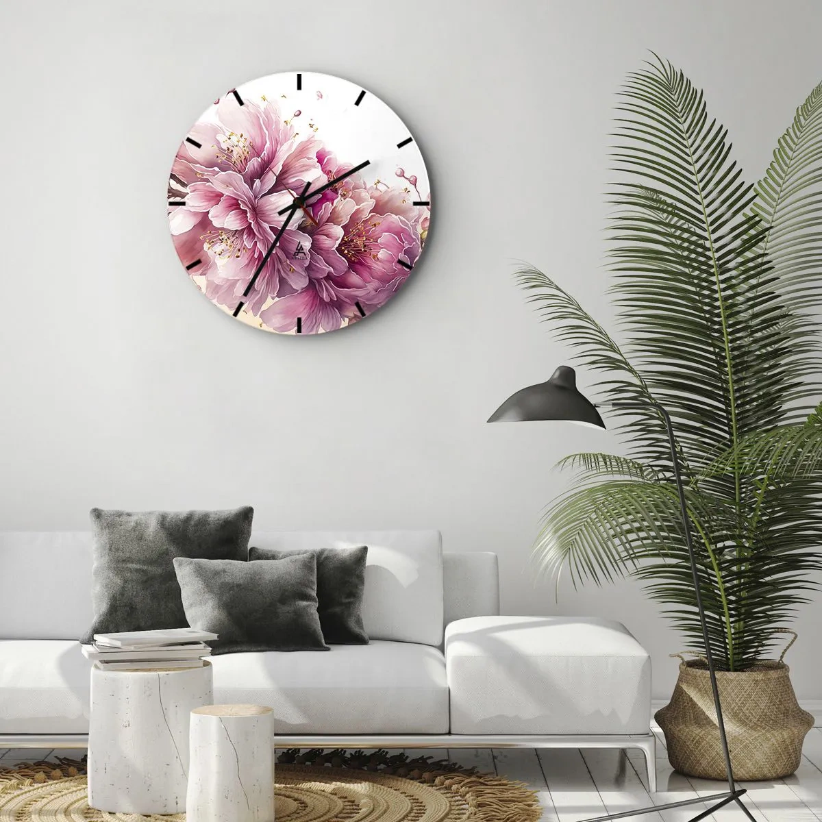 Reloj de pared - Reloj de vidrio - Flores de cerezo rosadas en flor sobre un fondo blanco en un estilo artístico. - 30x30cm - Flor de cerezo - Decoración de pared moderna para salón, cocina y dormitorio ARTTOR