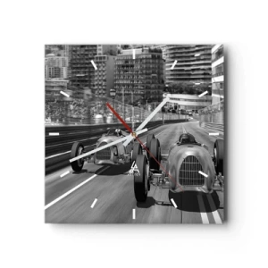 Reloj de pared - Reloj de vidrio - Escena de carrera de coches retro monocromática - 30x30cm - Érase una vez en Montecarlo - Decoración de pared moderna para salón y dormitorio ARTTOR