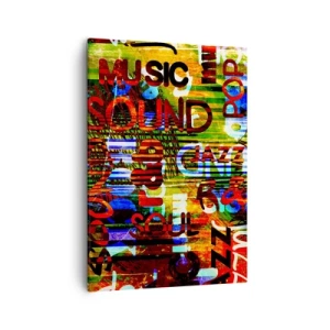 Cuadro sobre lienzo - Impresión de Imagen - Abstracción colorida con inscripciones musicales en estilo pop art. - 50x70cm - Todos los tonos del sonido - Decoración de pared moderna para salón y dormitorio ARTTOR