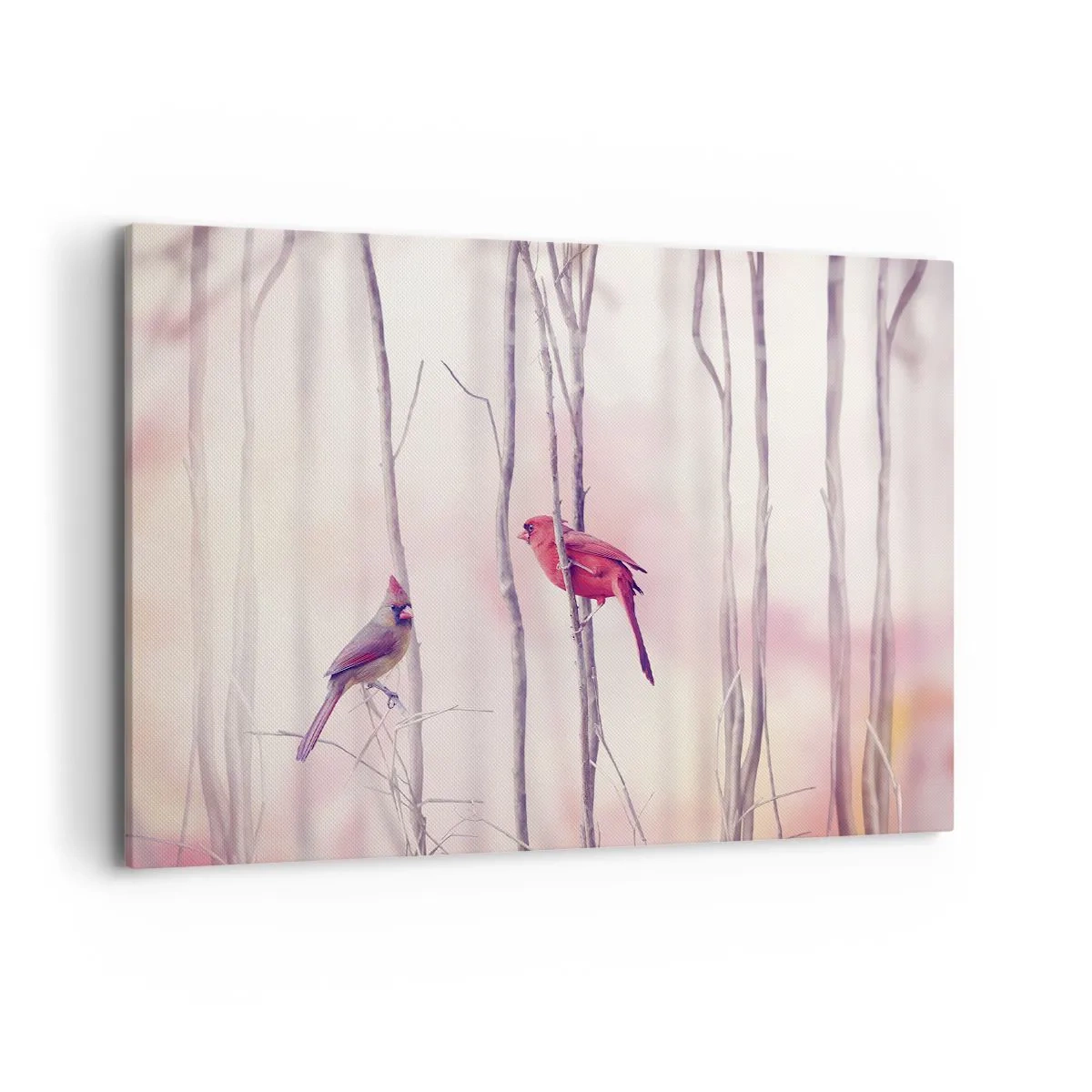 Cuadro sobre lienzo - Impresión de Imagen - Una pareja de cardenales posados en las ramas en un paisaje pastel. - 100x70cm - Historia de un bosque rosa - Decoración de pared moderna para salón y dormitorio ARTTOR