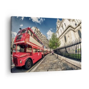 Cuadro sobre lienzo - Impresión de Imagen - Autobús rojo de dos pisos en Londres, cerca de la calle y la catedral. - 70x50cm - Una calle de Londres en gris y rojo - Decoración de pared moderna para salón y dormitorio ARTTOR