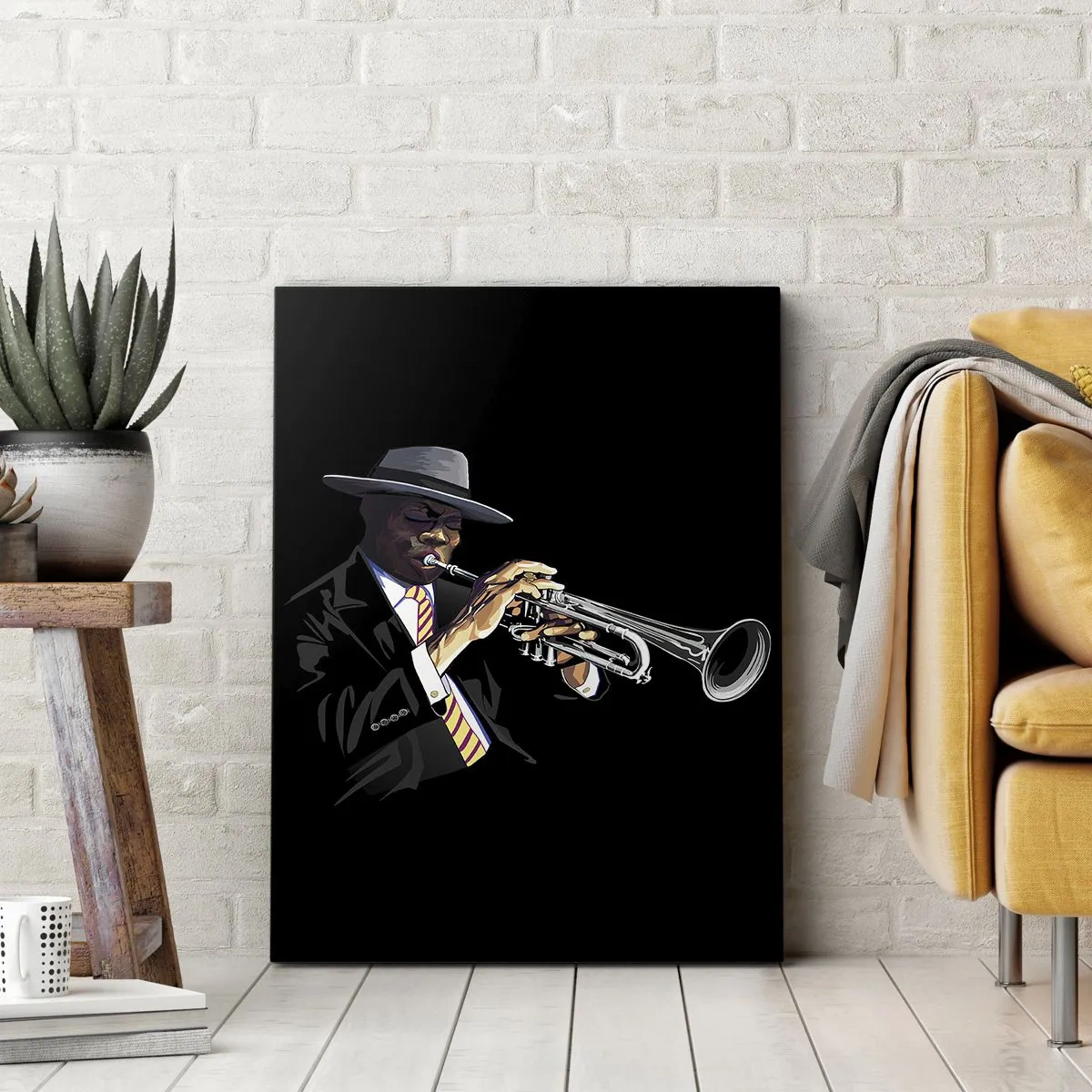 Cuadro sobre lienzo - Impresión de Imagen - Un músico tocando la trompeta sobre un fondo negro. - 70x100cm - El encanto de la vieja escuela - Decoración de pared moderna para salón y dormitorio ARTTOR