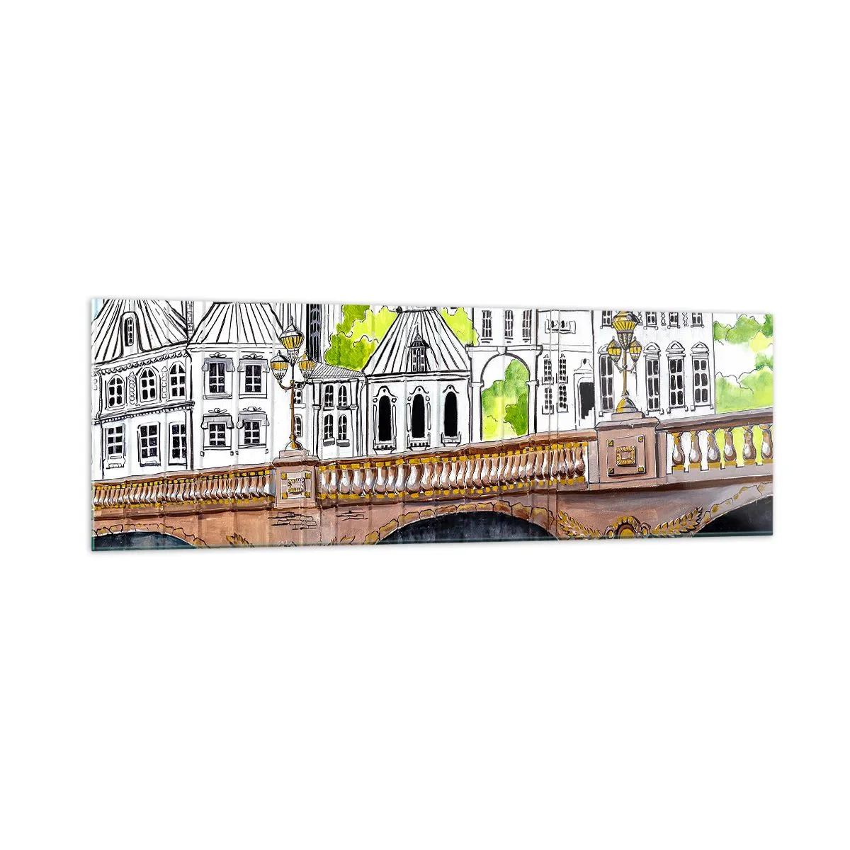 Cuadro sobre vidrio - Impresiones sobre Vidrio - Dibujo del puente y arquitectura urbana histórica - 160x50cm - Una ciudad de dibujo - Decoración de pared moderna para salón y dormitorio ARTTOR