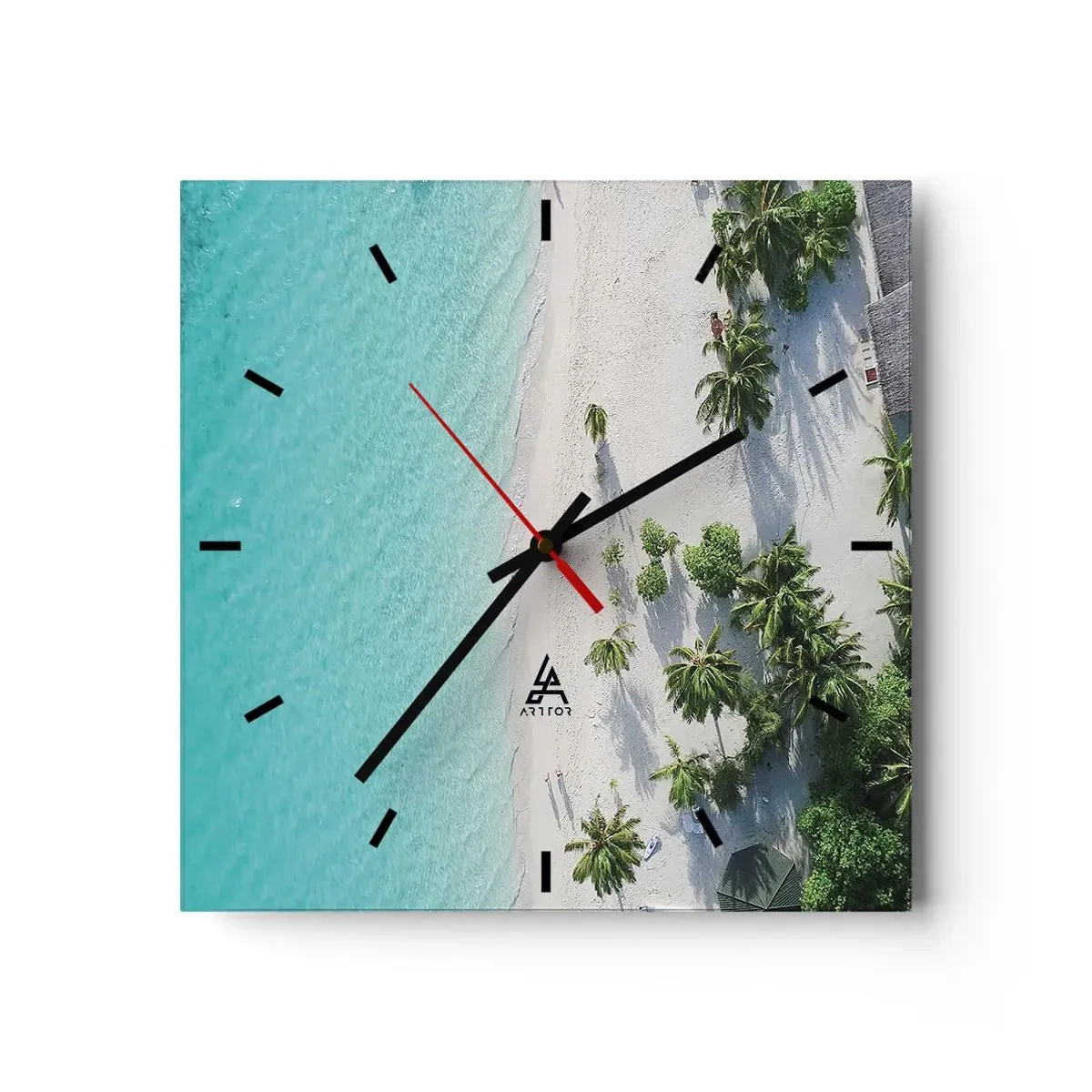 Reloj de pared - Reloj de vidrio - Una vista de pájaro de una playa tropical con agua turquesa y palmeras. - 30x30cm - Vacaciones en el paraíso - Decoración de pared moderna para salón y dormitorio ARTTOR
