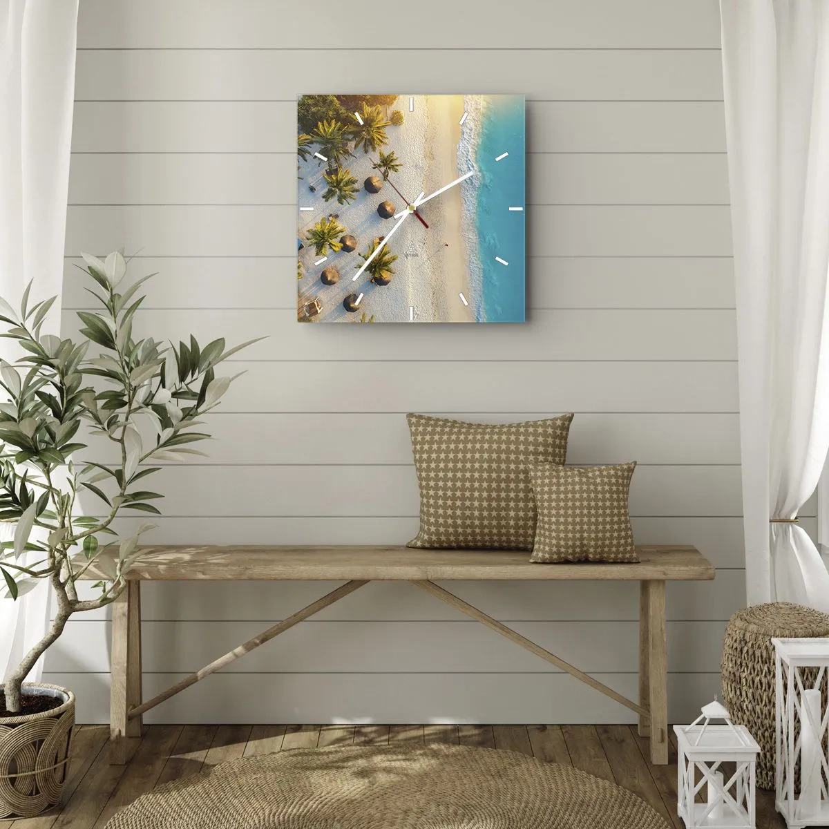Reloj de pared - Reloj de vidrio - Vista de una playa tropical con palmeras y un mar turquesa. - 30x30cm - Bienvenidos al paraíso - Decoración de pared moderna para salón y dormitorio ARTTOR