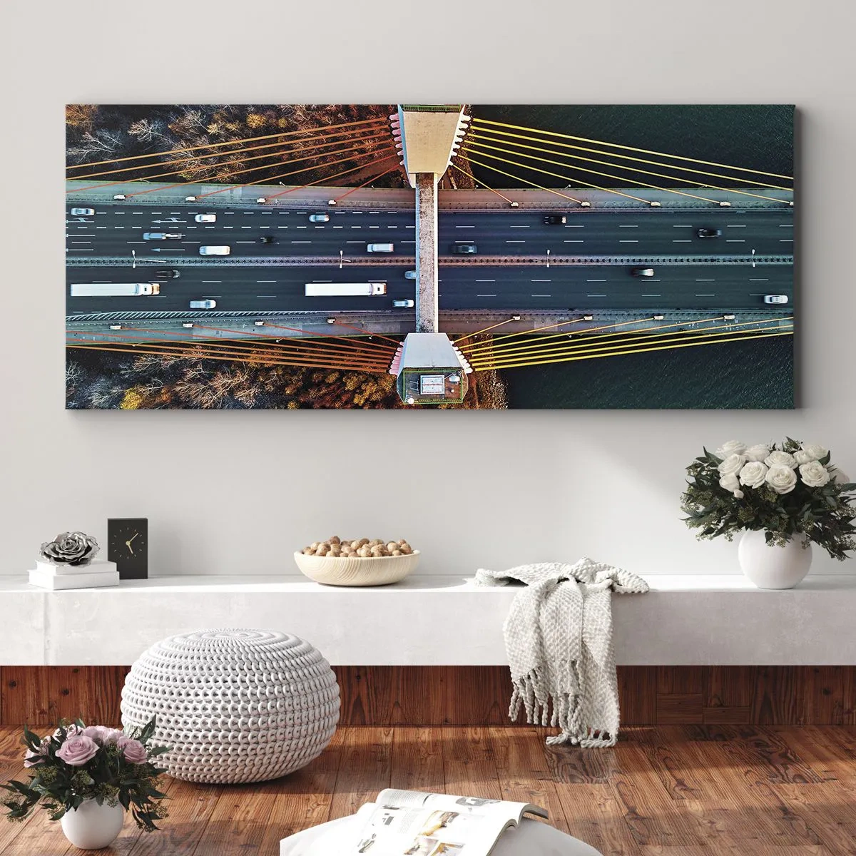 Cuadro sobre lienzo - Impresión de Imagen - Vista aérea del puente sobre el río y el paisaje otoñal. - 120x50cm - Más allá de las aguas, más allá de los bosques - Decoración de pared moderna para salón y dormitorio ARTTOR