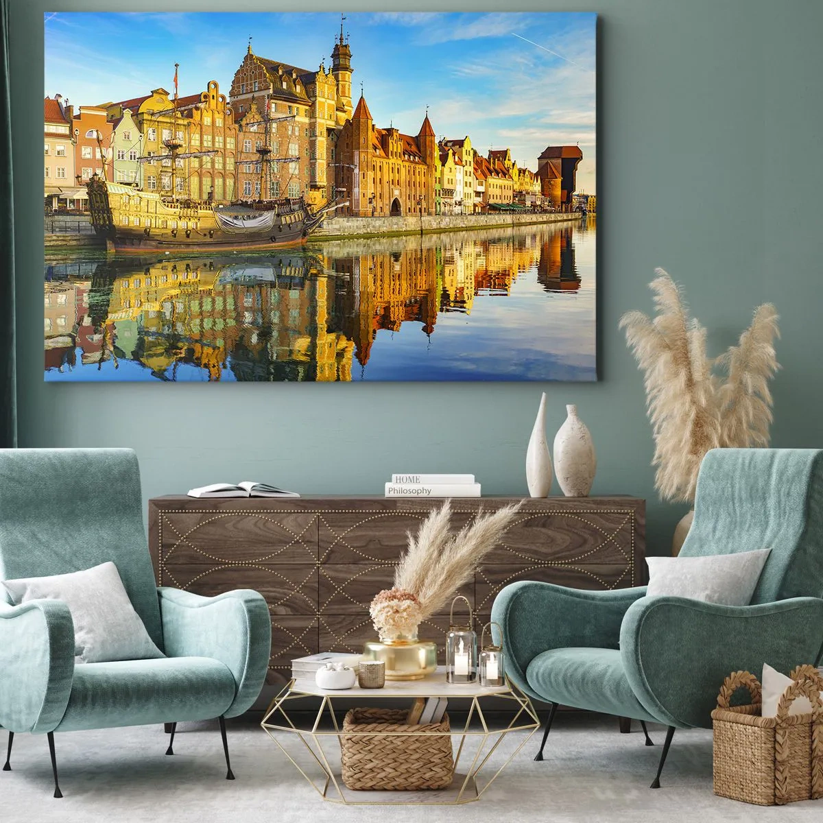 Cuadro sobre lienzo - Impresión de Imagen - Una vista pintoresca del casco antiguo con un velero y agua. - 70x50cm - Un espejo del pasado - Decoración de pared moderna para salón y dormitorio ARTTOR