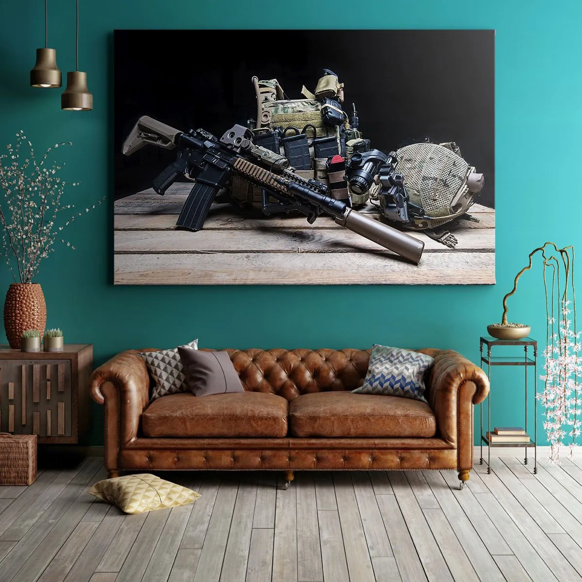 Cuadro sobre lienzo - Impresión de Imagen - Equipo táctico con un rifle sobre una mesa de madera. - 70x50cm - ¡Descansen! - Decoración de pared moderna para salón y dormitorio ARTTOR