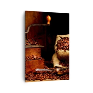 Cuadro sobre lienzo - Impresión de Imagen - Un antiguo molinillo de café con granos y una bolsa en estilo rústico. - 70x100cm - Bodegón con granos de café y molinillo - Decoración de pared moderna para salón y dormitorio ARTTOR