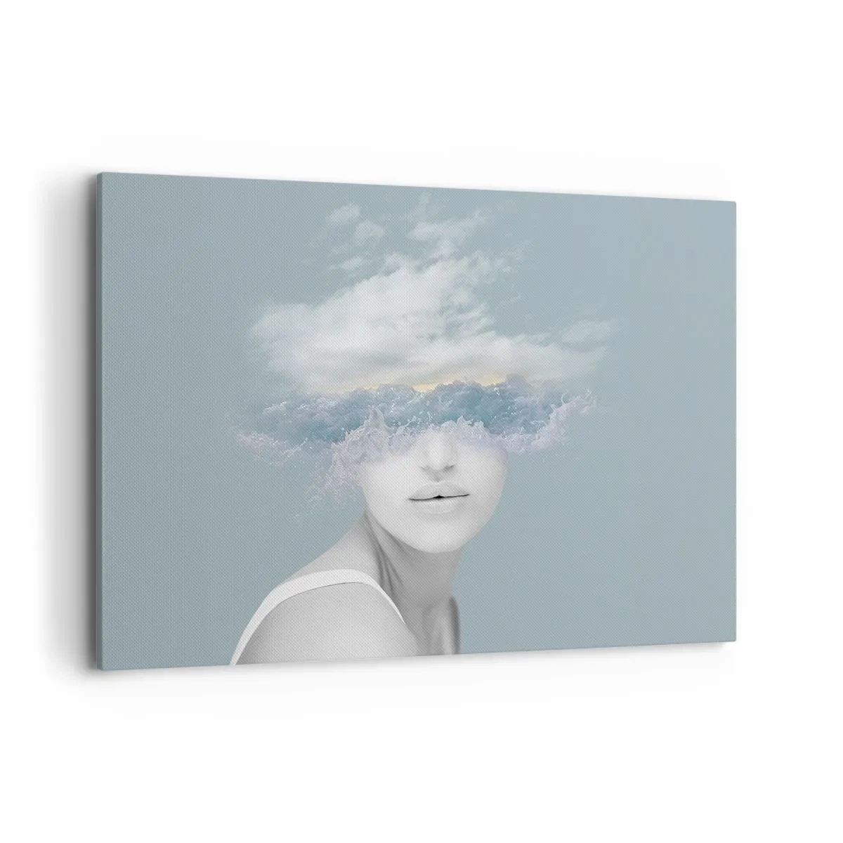 Cuadro sobre lienzo - Impresión de Imagen - Retrato de una mujer con el rostro oculto tras nubes y olas. - 120x80cm - Con la cabeza en las nubes - Decoración de pared moderna para salón y dormitorio ARTTOR