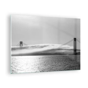 Cuadro sobre vidrio - Impresiones sobre Vidrio - Un puente en blanco y negro con niebla sobre el agua. - 70x50cm - Navegue por el Golden Gate - Decoración de pared moderna para salón y dormitorio ARTTOR