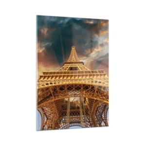 Cuadro sobre vidrio - Impresiones sobre Vidrio - La Torre Eiffel captada desde la perspectiva de un gusano - 50x70cm - Mientras la humanidad alcanza el cielo - Decoración de pared moderna para salón y dormitorio ARTTOR