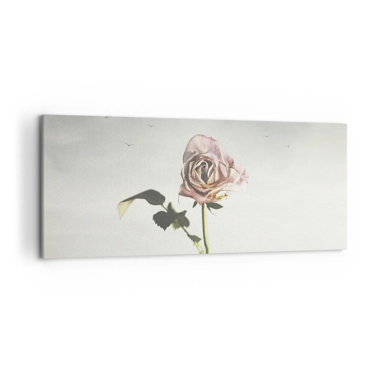 Cuadro sobre lienzo - Impresión de Imagen - Una delicada rosa contra un cielo brillante con pájaros volando. - 120x50cm - Bienvenida a la primavera - Decoración de pared moderna para salón y dormitorio ARTTOR