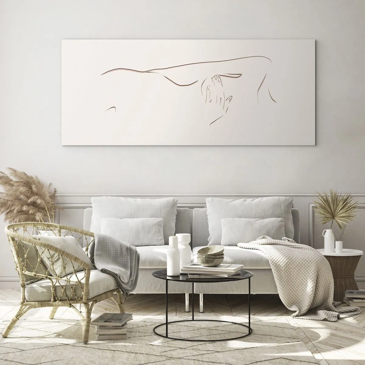 Cuadro sobre vidrio - Impresiones sobre Vidrio - Un dibujo lineal sutil de una silueta sobre un fondo claro. - 160x50cm - La forma del deseo - Decoración de pared moderna para salón y dormitorio ARTTOR