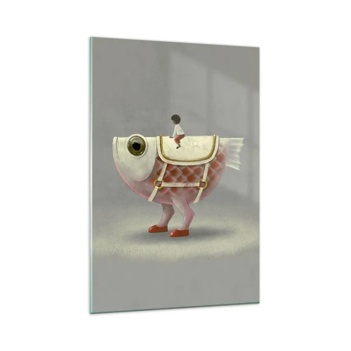 Cuadro sobre vidrio - Impresiones sobre Vidrio - Un elegante jinete de pez con piernas y silla de montar. - 80x120cm - Jinete del pescado - Decoración de pared moderna para salón y dormitorio ARTTOR