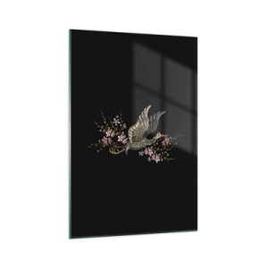 Cuadro sobre vidrio - Impresiones sobre Vidrio - Un pájaro en vuelo con flores sobre un fondo negro. - 70x100cm - Ave florida - Decoración de pared moderna para salón y dormitorio ARTTOR