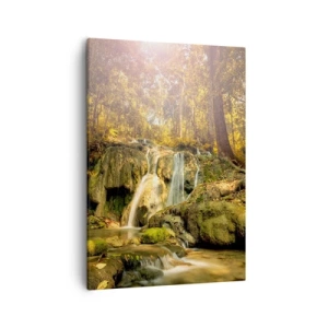 Cuadro sobre lienzo - Impresión de Imagen - Una cascada forestal bajo los rayos del sol, rodeada de vegetación. - 50x70cm - Cascada forestal en verde - Decoración de pared moderna para salón y dormitorio ARTTOR