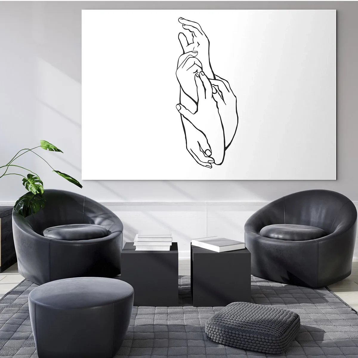Cuadro sobre vidrio - Impresiones sobre Vidrio - Un sutil dibujo lineal de manos entrelazadas sobre un fondo blanco. - 70x50cm - El tacto - Decoración de pared moderna para salón y dormitorio ARTTOR