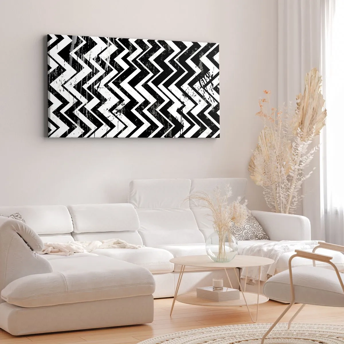 Cuadro sobre lienzo - Impresión de Imagen - Patrón en zigzag en blanco y negro con abrasiones artísticas - 120x50cm - Zig-blanco, zag-negro - Decoración de pared moderna para salón y dormitorio ARTTOR