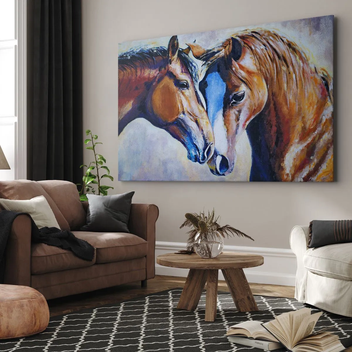 Cuadro sobre lienzo - Impresión de Imagen - Una representación pictórica de dos caballos en un entorno amigable. - 100x70cm - ¿Esto es amistad? ¿Es amor? - Decoración de pared moderna para salón y dormitorio ARTTOR
