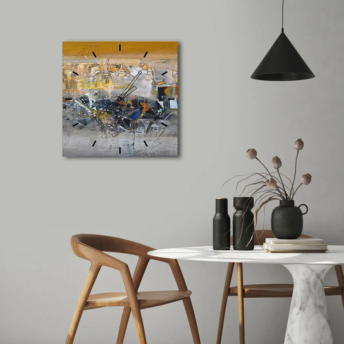 Reloj de pared - Reloj de vidrio - Abstracción con tonos dominantes de amarillo y gris. - 30x30cm - Todo se pondrá en su sitio - Decoración de pared moderna para salón y dormitorio ARTTOR